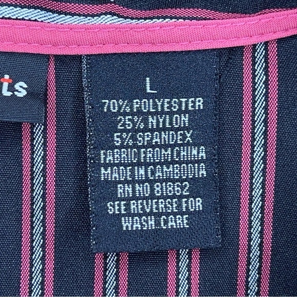 LARGE VINTAGE TANGENTS PINK BLACK STRIPED STRETCH BLOUSE BUTTON FRONT - Picture 9 of 10